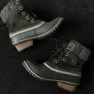 Sorel Black Leather Winter Ankle Boots Wood Heel Platform Fur Women's - Size 7.5